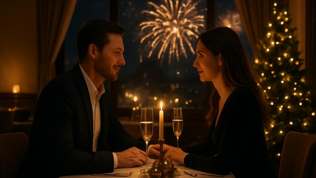 Capodanno romantico a Novara: hotel, cena e idee per coppie Coppia durante una cena romantica di Capodanno