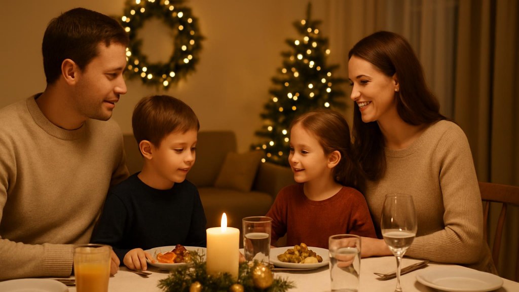 Famiglia con bambini in ambiente accogliente per Capodanno